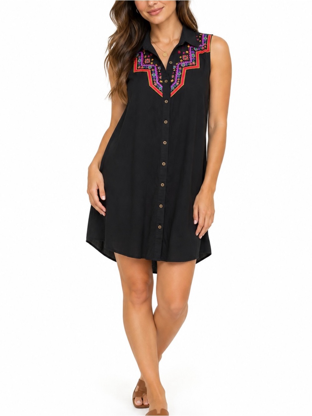 En Creme Black Embroidered Boho Sleeveless Button Down Tunic Top Size S